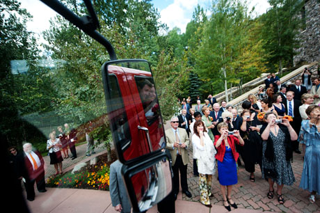 beaver_Creek_wedding_photographer002 bride and groom riding in fire truck