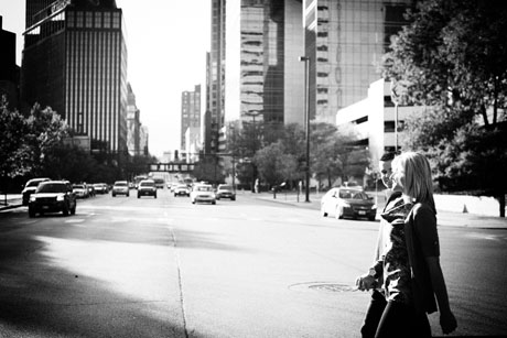 couple walking across the street
