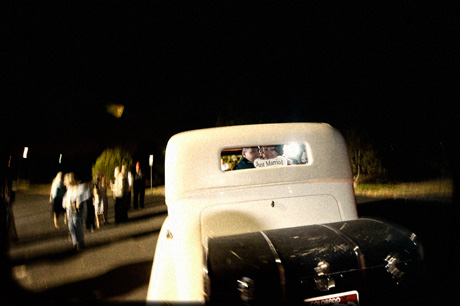 just marriend sign in the back of a vintage limo
